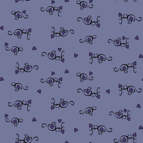 Neoclassical gothic style design with hearts and calligraphy swirls in lilac and purple “Murder me not”