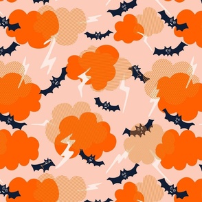 Flying bats lightning  - orange, black, cream, beige and pastel peach     //  Big scale