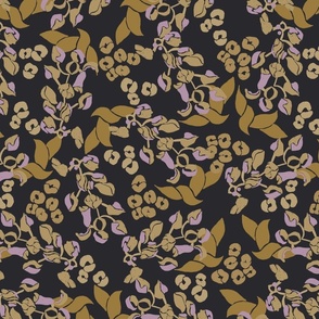 VINTAGE DITSY FLORAL FOLIAGE IN LILAC PURPLE AND NEUTRALS ON A DARK BASE