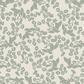 VINTAGE DITSY FLORAL FOLIAGE IN SAGE GREEN AND SILVER GREY WHITE