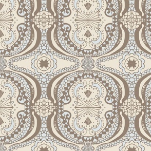  Medieval Scales and Harlequin Damask -Cream Cocoa