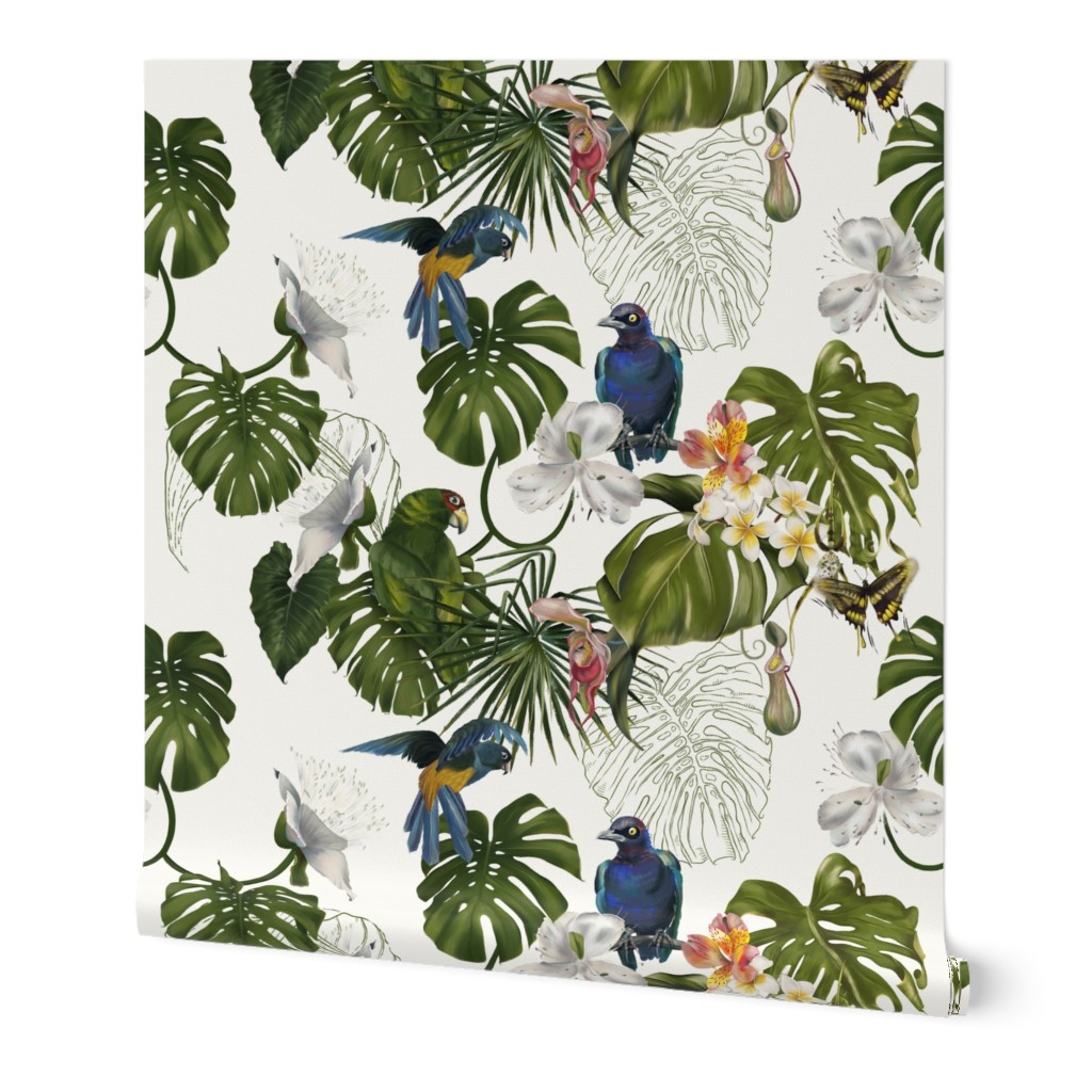 Colorful birds and blooming tropical flora