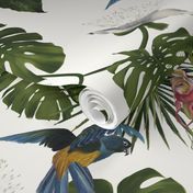 Colorful birds and blooming tropical flora