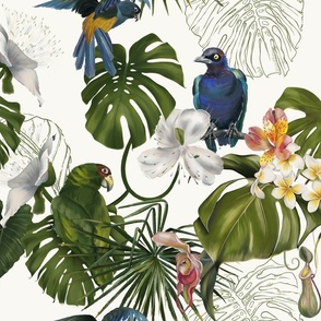 Colorful birds and blooming tropical flora