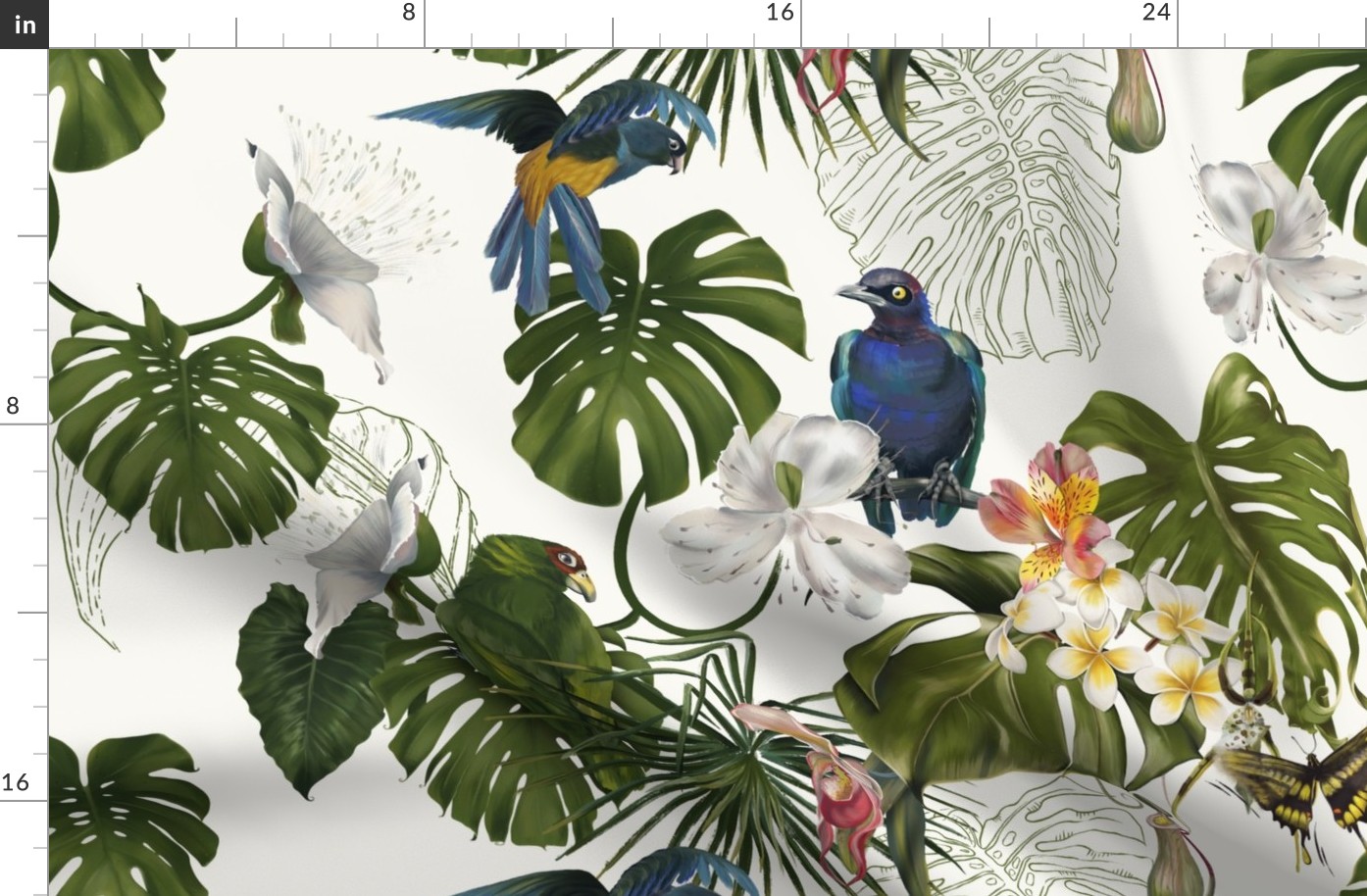 Colorful birds and blooming tropical flora