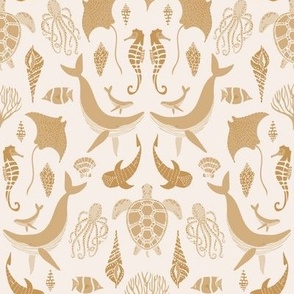 SMALL Whimsical Ocean Life - Under the Sea  mirror scene -  soft neutral buff golden mustard sand brown yellow