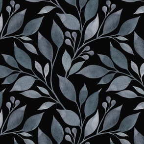 Grey watercolor leaves on a black bac