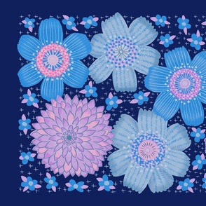 Woodland Floral blue-purple on deep blue, Tea Towel / Kitchen Decor
