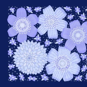 Woodland Floral in purple limited palette on deep blue, Tea Towel / Kitchen Decor