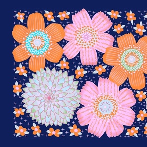 Woodland Floral in bright colours on deep blue, Tea Towel / Kitchen Decor