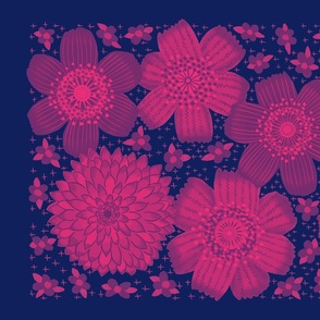 Woodland Floral in deep pink on deep blue, Tea Towel / Kitchen Decor