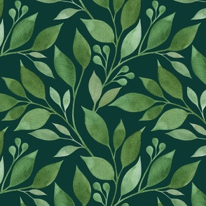 Green leaves on a deep green background 
