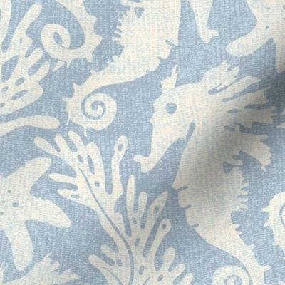 Seahorses, starfish & seaweed | off white / cream on pale blue wavy linen texture block print style | large 