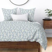 Seahorses, starfish & seaweed | off white / cream on pale blue wavy linen texture block print style | large 