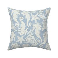 Seahorses, starfish & seaweed | off white / cream on pale blue wavy linen texture block print style | large 