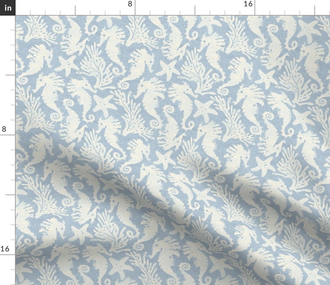 Seahorses, starfish & seaweed | off white / cream on pale blue wavy linen texture block print style | medium