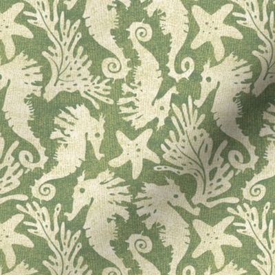 Seahorses, starfish & seaweed | cream on sage green / khaki wavy linen texture block print style | medium