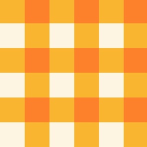 Cream white, burnt orange and gold yellow plaid, 3 inch squares