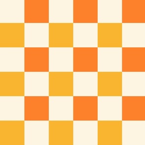 Cream white, burnt orange and gold yellow french checkered, 3 inch squares