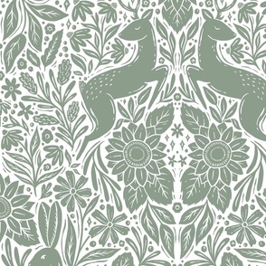 Woodland jackrabbits, deer, and sunflowers - sage green and white - medium