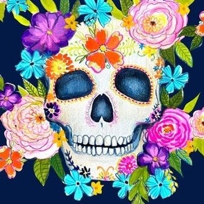 Dia De Los Muertos Floral Sugar Skull Painting // Navy