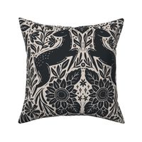 Woodland jackrabbits, deer, and sunflowers - charcoal black and cream - large