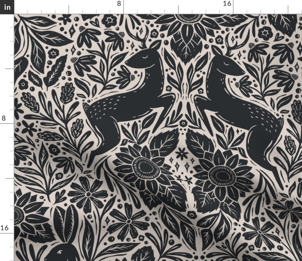 Woodland jackrabbits, deer, and sunflowers - charcoal black and cream - large