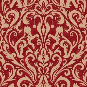 Victorian whimsical funny cat damask beige and red