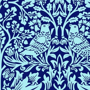 William Morris Brer Brother Rabbit Birds Teal on Navy Large Scale