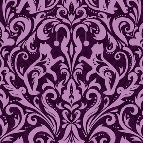 Victorian whimsical funny cat damask mauve and eggplant