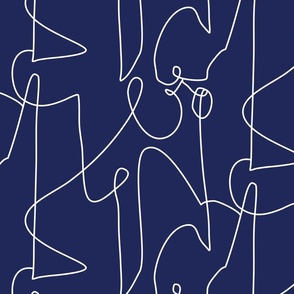 (L) Continuous Line Art Modern Abstract Scribble Blue and White