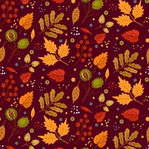 Fall Autumn Leaves Fabric Pattern, Warm Colors, Orange, Brown, Green, Red