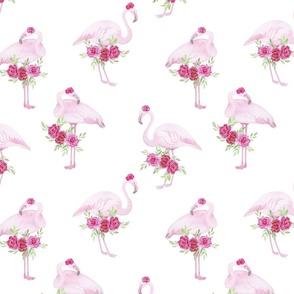 Watercolour flamingo and roses. Seamless floral pattern-291.