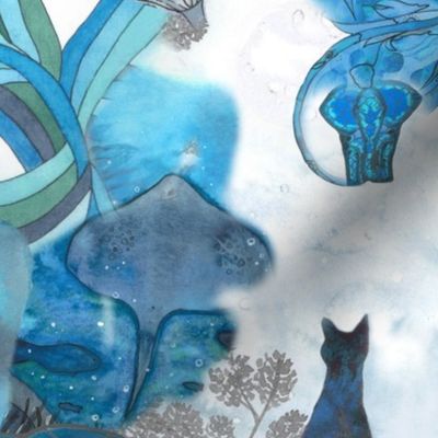 large-Surrealist blue aesthetic psychodelic wallpaper - elephant _ cat _ bird _ fish _feather _ sea shells _ flowers _ butterfly