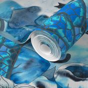 large-Surrealist blue aesthetic psychodelic wallpaper - elephant _ cat _ bird _ fish _feather _ sea shells _ flowers _ butterfly