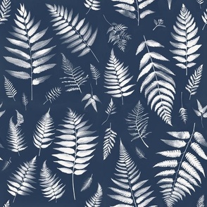 watercolor ferns white on blue