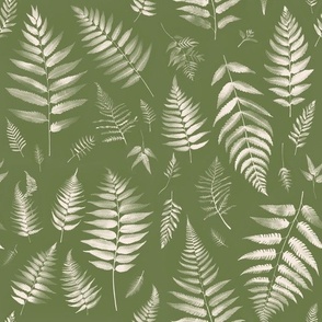 watercolor ferns white on green
