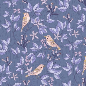 Whimsical Woodland Warblers - Birds and Berries, Purple Background