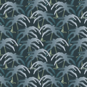 Moonlit Midnight Palms - Grey - M medium scale - Palms and Turtles on midnight dark indigo blue sage grey teal wallpaper turtle palm