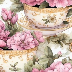 Teacups and Pink Flowers (Medium  Scale)