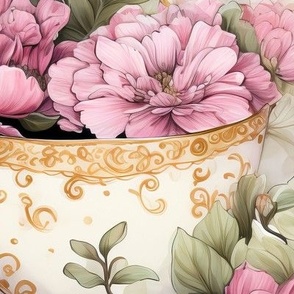 Teacups and Pink Flowers (Large Scale)