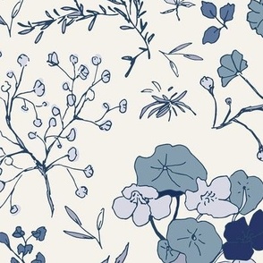 Medium scale sweet and nostalgic pattern of small wildflowers in indigo and light blue