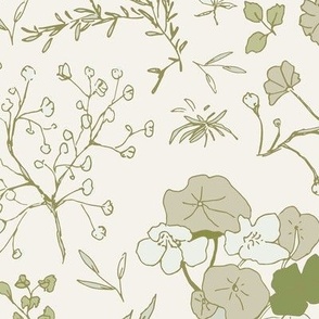 Medium scale sweet and nostalgic pattern of small wildflowers in olive and light green