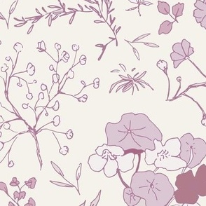 Medium scale sweet and nostalgic pattern of small wildflowers in mauve and lilac