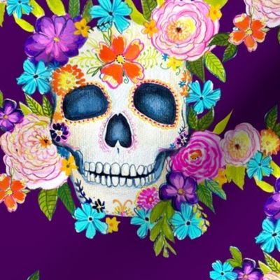 Dia De Los Muertos Floral Sugar Skull Painting //  Eggplant