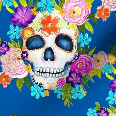Dia De Los Muertos Floral Sugar Skull Painting // Royal Blue