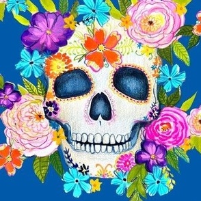 Dia De Los Muertos Floral Sugar Skull Painting // Royal Blue