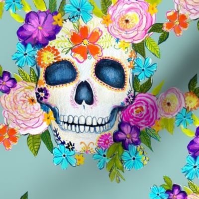 Dia De Los Muertos Floral Sugar Skull Painting // Winter Sky
