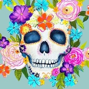 Dia De Los Muertos Floral Sugar Skull Painting // Winter Sky