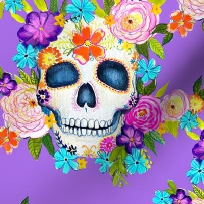Dia De Los Muertos Floral Sugar Skull Painting //  Lilac